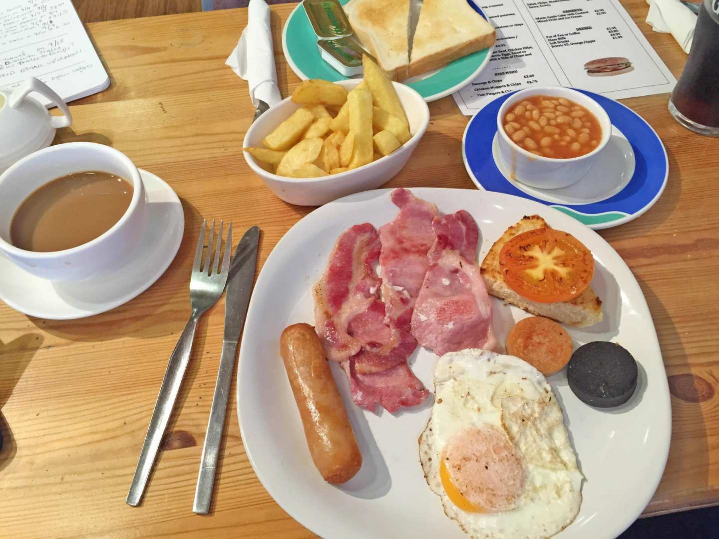 Breakfast on our Offa's Dyke walking holiday: bacon, eggs, beans and tomato